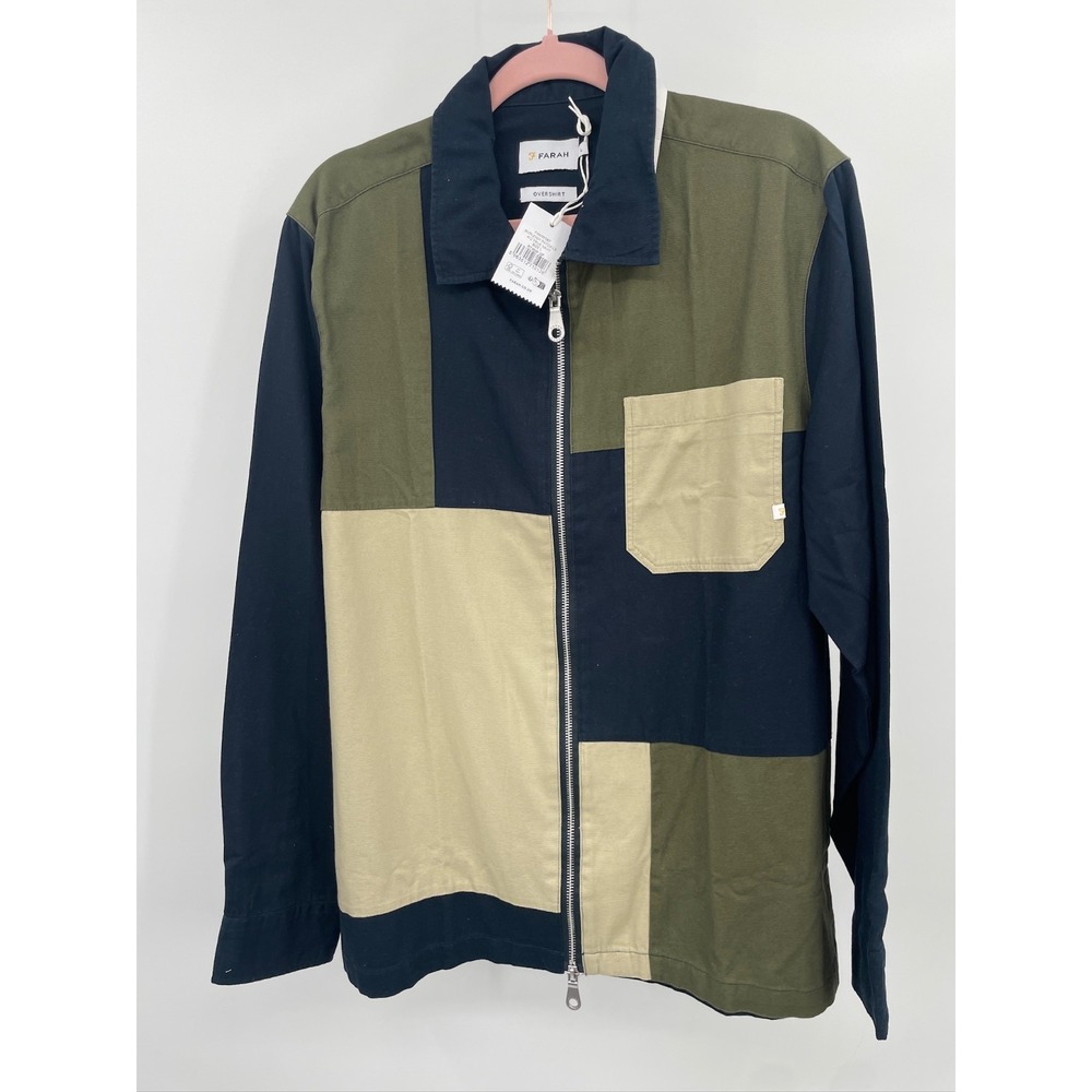 NWT Farah Overshirt Mens L Navy Cotton Logo Patch Work Zip Up‎